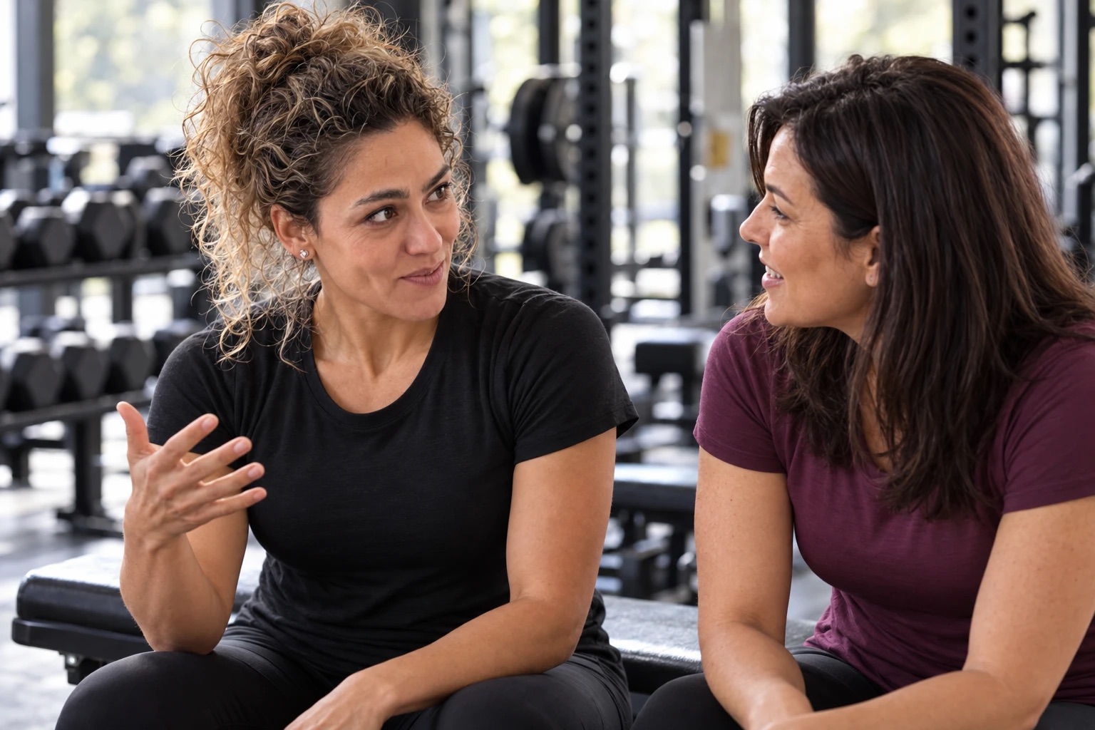 Ceci conversando con una mujer en el gimnasio